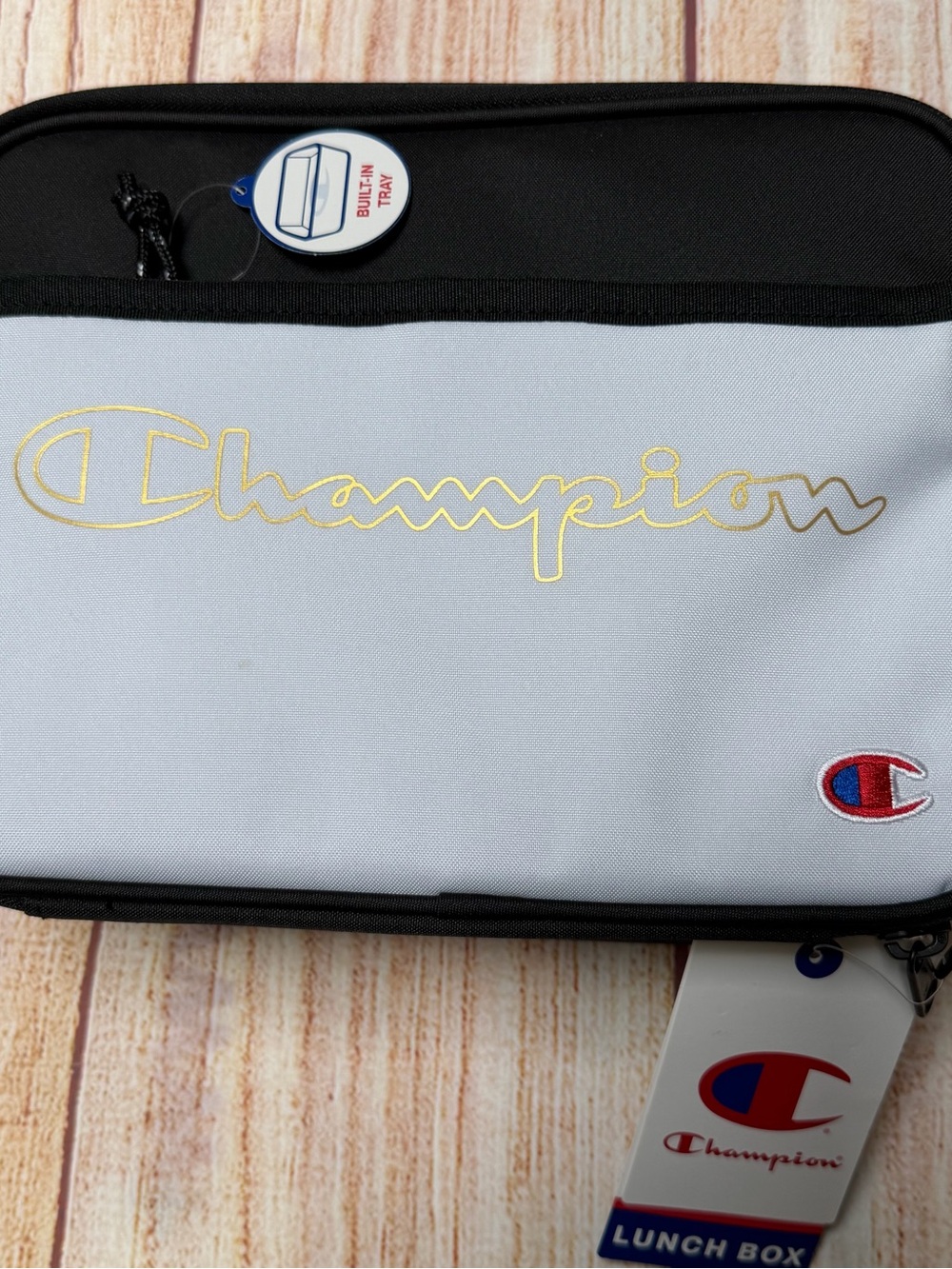 Champion Lunch Box - White with Black Trim & Gold Script Logo